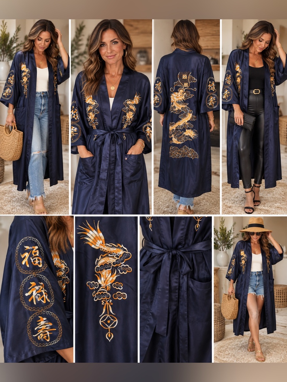 Vintage Navy Satin Hand Embroidered Dragon Kimono Robe with Gold Accents